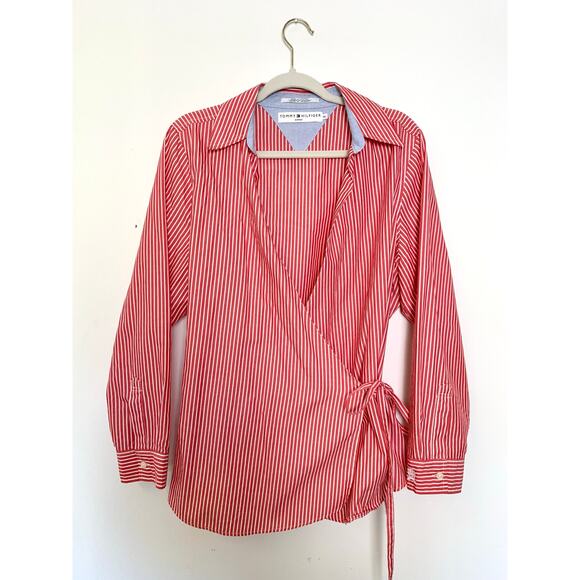 Tommy Hilfiger Red White Stripe Wrap Blouse Womens 1X Cotton Long Sleeve Preppy - Picture 2 of 12